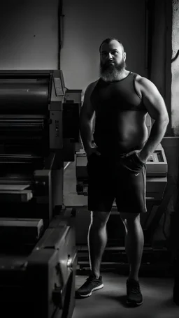 robust muscular turkish chubby 35 year old man in tracksuit, short beard, shirtless, printer in an old printing house, next to a huge old printer, dim light, side light, ambient occlusion