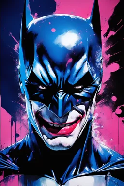Poster, split in half, one side "batman", other side "joker", midline of the face, painting by Yoji Shinkawa, dark blue and pink detailed iridescent, metallic, translucent, dramatic lighting, hyper futuristic, digital art,