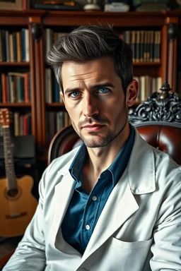 natural textures, highly realistic light, photo realistic Caucasian man resembling Adam Levine, with receding short dark brown hair featuring grey flecks, short stubble with grey, captivating blue eyes, crooked nose and big ears, in a luxurious leather chair behind an ornate desk, wearing a white lab coat with a blue collared shirt, in a room equipped with a wood bookshelf filled with various books, a record player with records and guitars in the room