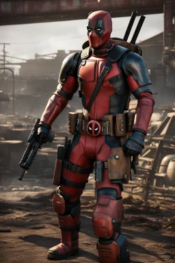 Deadpool in Fallout-style power armor, photorealistic