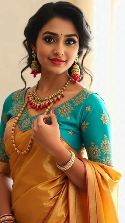 A jewel-toned turquoise blouse with fine gota-patti work, paired with a gold silk saree that shimmers under soft light. Ruby jewelry contrasts beautifully, while warm-toned makeup (bronzed cheeks and coral lips) adds richness.