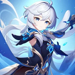 Genshin woman, Clear Focus High resolution, Calm Background, Light skinned woman, Black long beatiful hair, Dark blue sparkling eyes, Very Beatiful Face, Splash art, Battle Scene Epic