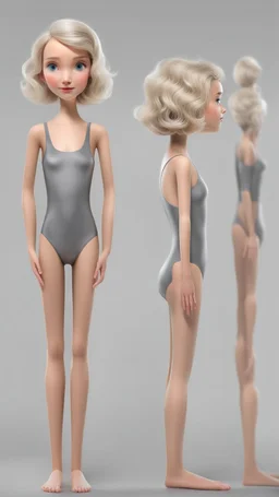 anorexic beautiful girl, age 21, total shot, short silver triathlon swimsuit, blonde wavy bob haircut, grey background