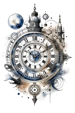 An realism modern design with watercolo and beautiful portrait astronomical clock with all the graphic details it has the original added sun and moon and planets black ink on white background