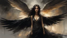 Dark and ethereal, the angel's black wings spread. Each wing carried with it an ancient story, a deep secret that hid in the shadows. cinematic detailed mysterious sharp focus high contrast dramatic volumetric lighting, :: mysterious and dark esoteric atmosphere :: digital matte painting by Jeremy Mann + Carne Griffiths + Leonid Afremov,, dramatic shading, detailed face