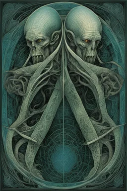 In frame of two opposing protractors Surreal lovecraftian elder god mathematician, by Dave McKean, by Godmachine, mathematical formula textures, floating ethereal geometrical proofs, sharp focus, sharp contrast,, green - blue - white - black color scheme, eldritch, number vertical grisaille art effect, by Giger