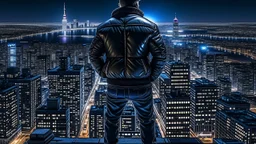 An Englishman in a bomber jacket standing at the top of a tall building looking across a city at night