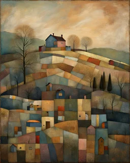 the house on the hill, patchwork art by Jamie Heiden, Peter Doig, Renoir, Pol Ledent, Endre Penovac
