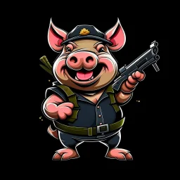 Little pig laughing, armed with a gun, cartoon style, James Bond style, vivid and dark colors, transparent background, 32k UHD