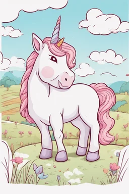 kids illustration, a cute unicorn playing in field, cartoon style, thick line, low details, vivid color