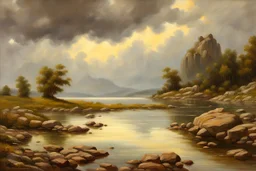 Cloudy day, lake, rocks, begginer's landscape, 2000's sci-fi movies influence, friedrich eckenfelder, and pieter franciscus dierckx impressionism paintings