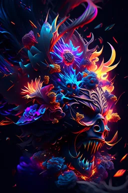 "Generate a captivating digital 3d , 8k realistic abstract image where a vivid explosion of images bursts forth, weaving together elements of demons, tattoos, flowers, and storms