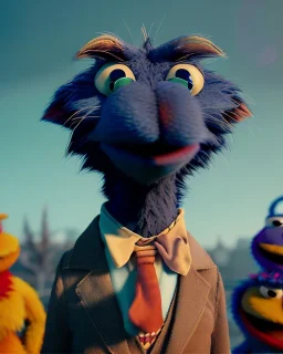 Realistic image, hybrid character, Sesame Street muppet, head, man, body, ,arms, hands, Shirt and tie, Wes Anderson style, concept art, smooth, unreal engine 5, god lights, ray tracing, RTX, lumen lighting, ultra detail, volumetric lighting, 3d, finely drawn, high definition, 4k.