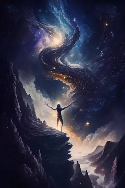 A stunning depiction of a powerful, cosmic being standing at the edge of a cliff, with swirling galaxies and celestial bodies emanating from their fingertips.