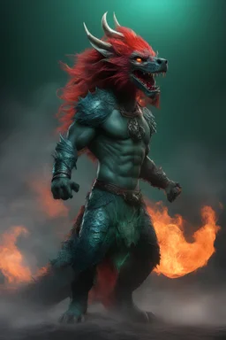 full body, head to toe, 3D, the anthropomorphic black Chinese Indian werewolf Dragon with Long wavy, curly (((red hair))) and bright, (((sea-green eyes))), breathing fire - full color - 32k, UHD, 1080p, 8 x 10, glossy professional quality digital photograph - dark foggy gradated background, historic, powerful, octane rendering, exquisite detail, 30 - megapixel, 4k, 85 - mm - lens, sharp - focus, intricately - detailed, long exposure time, ((skin details, high detailed skin texture)