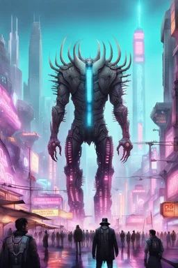 cities of the future cyberpunk in the monster stands on its hind legs