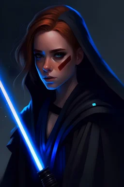 Female Star Wars Jedi with red and black hair, black cloak and a blue lightsaber