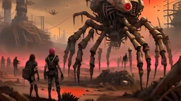 A post-apocalyptic wasteland filled with strange creatures and robotic soldiers, with a giant robotic spider in the background