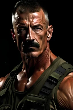 extremely muscular, short, curly, buzz-cut, military-style haircut, pitch black hair, with mustache and pointed goatee, Paul Stanley/Elvis Presley/Pierce Brosnan/Jon Bernthal/Sean Bean/Dolph Lundgren/Keanu Reeves/Patrick Swayze/ hybrid, as the extremely muscular Superhero "SUPERSONIC" in an original patriotic red, white and blue, "Supersonic" Super suit with with an America Flag Cape,