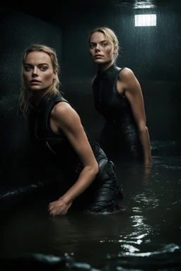 Margot Robbie and Georgia Henshaw in full black leather, trapped in a flooding chamber as water comes up to their necks.