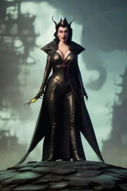 Ava Gardner as evil queen in black leather, busty, cleavage, curvy, angry, stern look. character design by cory loftis, fenghua zhong, ryohei hase, ismail inceoglu and ruan jia. unreal engine 5, artistic lighting, highly detailed, photorealistic, fantasy