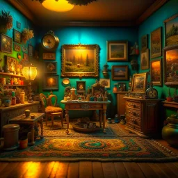 Diorama of old stuff in a room, sharp focus, 8k, 3d, very detailed, volumetric light, fine art, very colorful, ornate, 35mm, F/2.8, insanely detailed and intricate, hypermaximalist, super detailed, decadent