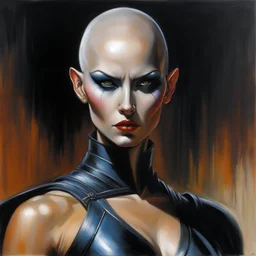 painting woman ventress, muscular sweat, movie still, attractive perfect face, supermodel body, bald head, by simon bisley