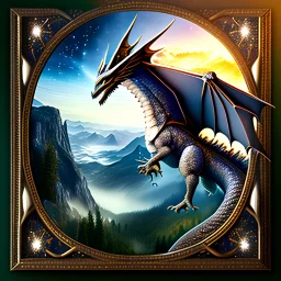 image framed with a thin border of celtic designs, story book cover format, A winged celestial dragon in flight above a forested mountain, against a background of brilliantly glittering stars, hd 4k, fine sharp detail