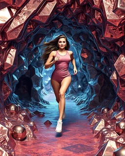 make a picture pretty cave made of crystal and metallic 3d fractal recursive cubic and sphere base structures and a beautiful fashion model lady with cute,curvy long hair,makeup, in pretty sports suit is running inside cave ,dynamic camera fallow her inside cave capturing full body, dynamic lights.