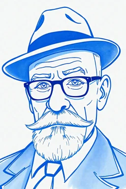 Heisenberg - cartoon face with hat - blue pen line sketch