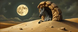 master oil painting by Rembrandt, good afternoon clay moon zebra trickster golem peeking out of a sand twister whirlwind cocoon