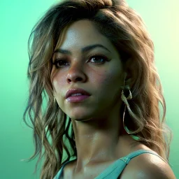 Shakira, 40 years old, artist, Realistic image, waist up portrait, eyes make up, perfect, glow, circle iris. concept art, smooth, unreal engine 5, god lights, ray tracing, RTX, lumen lighting, ultra detail, volumetric lighting, 3d, finely drawn, high definition, 4k.