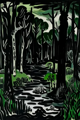A black dark and spooky swamp painted by Henri Matisse