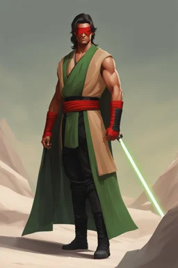 Full Muscular Body, Male Tan Human, Sith Empire, Red Bandage Blindfold. Green and Black Robes