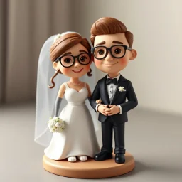 Create a cute premium 3D animated collectible figurine scene of the uploaded couple, using their photo only as the identity reference. Turn them into an adorable husband and wife standing close together on a small round display base. Preserve their young age, facial features, hairstyle, glasses if present, skin tone, and warm loving expressions, but render them in a soft Pixar-style/clay-toy figurine look. in wedding suit