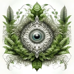 realistic image like a photo of mandala with ferns and eyes