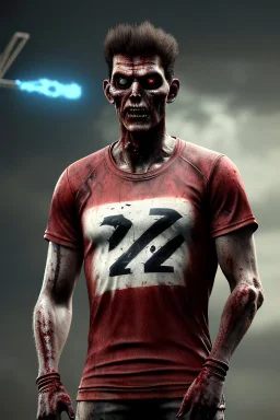 a photorealistic 12k ultra-high-definition rendering of an attractive but mean and cool looking zombie, upclose captured in a dynamic action shot dunking the ball, Wearing a red and white skinny NBA shirt with nail scratch marks, a cool usa sweatband, trendy basketball sneakers, black tights, product photography focus, an explosive and dark background