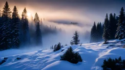 Morning sky,fir forrest scenery, valley,creek,forest,heavy mist,mist shadows,tree, before sunrise,nature,night,snow,fir tree,night,holy night