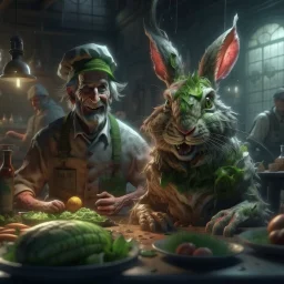 portrait of chopped crazy scientist and army officer irradiating food inside grove with huge fluffy hare with nightmare mutations, 4 k, down-light, soft light, depth of field, photo realism, trending on art station, high detail, spray paint