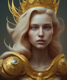 Statue of Queen of photography. Cute blonde woman. Photographer in golden crown. Standing on the street. Big camera in her hand. hyperdetailed, photorealistic, trending on artstation, greg rutkowski, beksinski, kodachrome