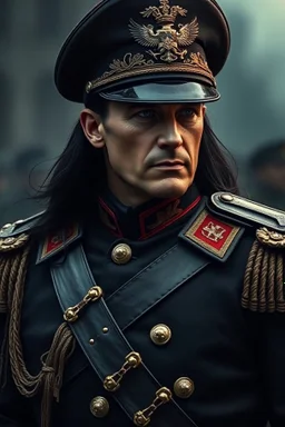 Russian commander , a High Commander of ww2 military dress, up close, fantasy, High details, realistic design, dark vibes, 8k, male, long black hair