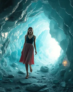 make a picture pretty cave made of crystal diamond 3d fractal recursive cubic and sphere base structures and a beautiful fashion model lady with cute,with dark cyan decholte top and pretty pleated midi skirt,siver she walks in cave ,dynamic camera zoom to full body and fallow her inside cave dynamic lights.