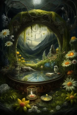 Hyperrealism against the background of a spring landscape in the forest +mirror with a tsunami whirlpool +mountains +ritual +candles+dried flowers+wildflowers+moss++decoupage of flowers+embroidery technique+braided beads+vine+moonlit night,fabulous landscape,surrealism,realism,naturalism,dot technique,microdetalization,high detail objects,digital illustration,volumetric clarity,dark fantasy,dark botanical, professional photo