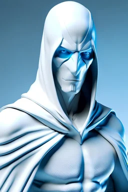 Male Anti-Hero dressed in a white superhero suit with a white cowl resembling a lynx covering his face. Thin and lean build with a seductive look. His eyes are a beautiful shade of blue.