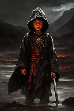 A formidable warrior-a 10-year-old boy in a black robe with a hood, on the background Amazing gloomy landscape, flooded with sunset, mountains, trees, fabulous scary hero, , juicy emotions, painting, dark fantasy, bad weather, gloomy day, dark world, by Raymond Swanland & Alyssa Monks & Anna Razumovskaya & James Paick