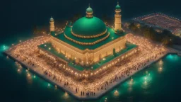 Hyper Realistic Aerial View of Lots of people worshiping outside a Huge-Beautifully-Crafted-Green-Mosque decorated with garland-lights & lamps between an island with ocean-water-waves at night with dramatic-&-cinematic-ambiance