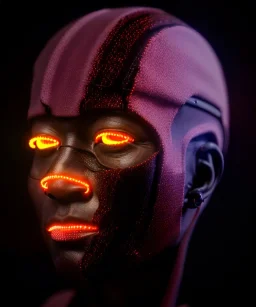 Ultra realistic photographic night portrait, cinematic, African woman, <hanging wires> <retro monitor> many wires coming out of the head <perfect pupil> <cyborg arm> <garage> <wide angle Shot> <retro futuristic> <thriller>, led lights, color fog, soft color, highly detailed, unreal engine 5, ray tracing, RTX, lumen lighting, ultra detail, volumetric lighting, high definition.