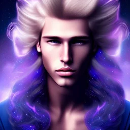 smiling beautifull long hair blond man face with cristal diamond on the forehead and cosmic purple and blue sky behind