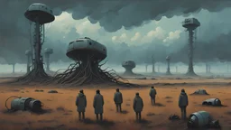 Strange surreal world, odd people, post apocalyptic horror, pop surrealism, harsh landscape, science fiction painting, ((Simon Stålenhag, Denis Sarazhin, Alex Colville, Christopher Shy, Romain Trystram, Quint Buchholz)), ominous sky, retro-futuristic horror anthology, (strange creatures), strange, RAW, gritty, high contrast, techno analog gothic, grim overtones, ominous sky, vivid, textured, grim, nightmarish art, paradoxical