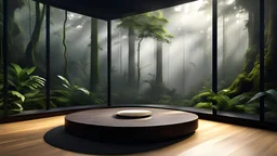 meditation rood podium , meditation minimalistic corner. design wood, View from large bay windows throughout from the large bay windows extends through the jungle forest. night landscape. The fragrant smoke of meditation wakes me up in my dreams. that trembles in the embrace of the black My With dreams. Akashic Records